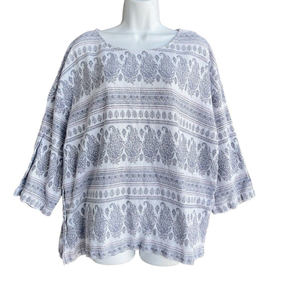 J. Jill Paisley Hemp Cotton Blouse Women’s XL Gray White 3/4 Sleeve Scoop-neck
